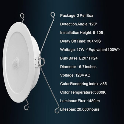 Motion Sensor Downlight, Dusk to Dawn Security 6 Inch Led Recessed Night Lights,17W Equivalent 100W 5800K Daylight, Indoor Motion Activation Detector Retrofit Ceiling Light, 2 Packs