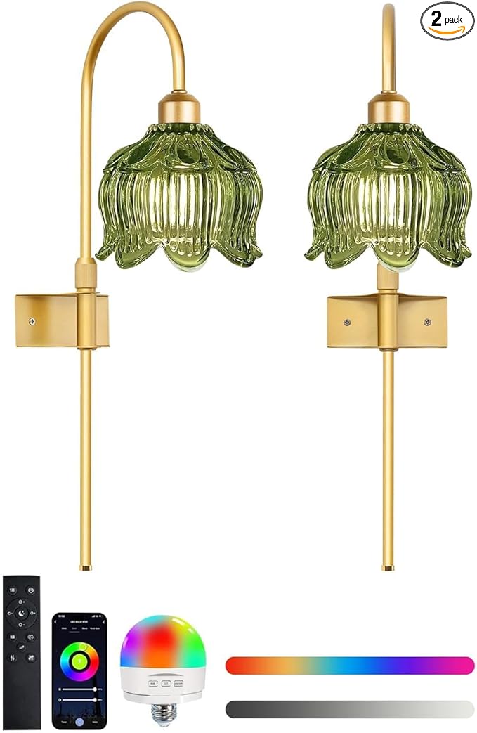 ZECOXOL Glass Battery Operated Wall Sconces Set of Two,Wireless Flower Battery Wall Light with 5000mAh RGB Dimmable Bulb and Remote, Rechargeable Wall Lamp Sconce for Bedroom Living Room Hallway