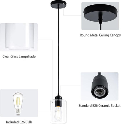MAYNA 2 Pack Black Pendant Lights Kitchen Island, Mini Pendant Light Fixture with Clear Glass Shade, Adjustable Cord Industrial Farmhouse Hanging Ceiling Lamp for Dining Room, Sink, Bar(Bulb Included)