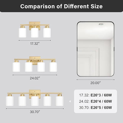 FonmYim Gold Bathroom Light Fixtures, 3-Light Modern Vanity Light Over Mirror, Wall Sconces with Milky White Frosted Glass Shades, E26 Socket (Bulbs Not Included)