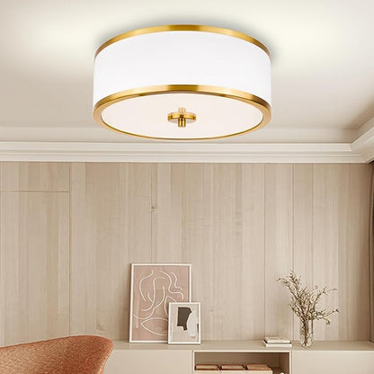 Edwarmlux 3-Light Flush Mount Ceiling Light Fixture, 12.6" Drum Light with White Fabric Shade, Modern Close to Ceiling Light for Living Room Bedroom Dining Room Kitchen Hallway Entry (Brushed Gold)