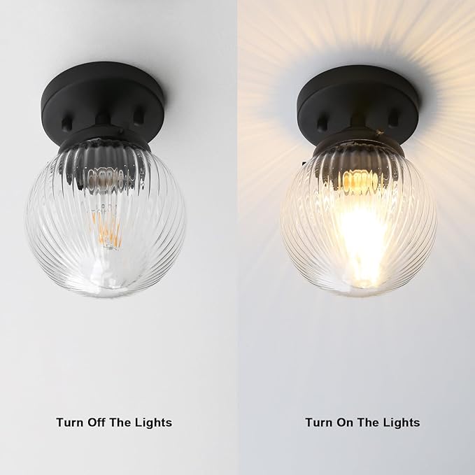 Yosoan 1-Light Indoor Flush Mount Hallway Ceiling Light, Single Modern Hardwired Vintage Industrial Retro Textured Striped Round Shade Farmhouse Lamp for Corridor Kitchen Bathroom Bedroom(Black)