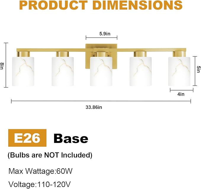 5-Light Bathroom Light Fixtures, Modern Vanity Lights, Gold Metal Wall Lamp with White Marble Glass for Bathroom, Mirror, Living Room, Bedroom, Cabinet, Porch, Hallway, E26 Base