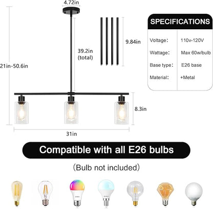 3-Light Kitchen Island Lighting, Farmhouse Dining Room Light Fixtures Over Table, Modern Brushed Nickel Island Lights Over Island, Linear Chandelier Hanging Ceiling Pendant Light Fixtures for Kitchen
