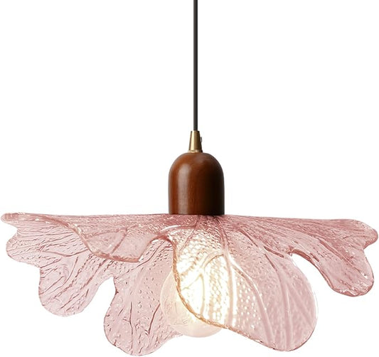 Modern Pink Glass Pendant Lights Fixtures Adjustable 13"/ 33CM Flower Hanging Ceiling Light Farmhouse Wood Chandelier for Kitchen Island Dining Room Foyer Cafe