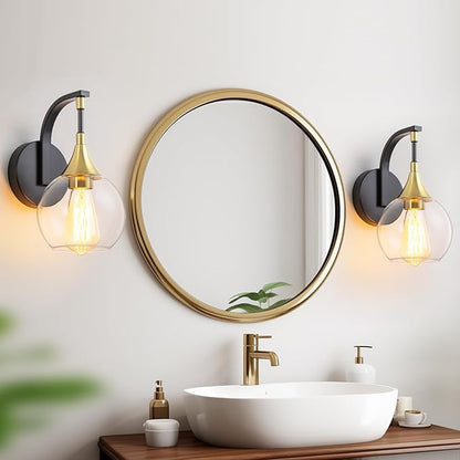 Black and Gold Wall Sconces Set of Two, Modern Wall Sconce Light with Clear Glass Shade,Indoor Wall Light Fixture Wall Lamps for Bedroom, Hallway, Bathroom