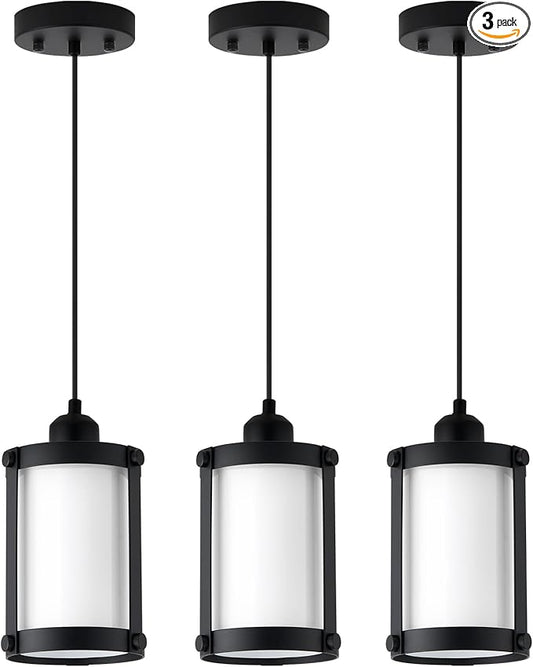 Black Pendant Lights Kitchen Island 3 Pack, Modern Kitchen Pendant Lighting Over Island with Milk Glass, Farmhouse Mini Hanging Light for Sink Dining Room, OS-3014-3PBK