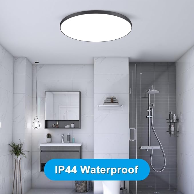 CHENBEN Flush Mount Ceiling Light Fixture 24W LED Modern Ceiling Lamps 7200K Shower Light Waterproof LED Light Fixtures Ceiling Mount for Kitchen/Bedroom/Shower/Hallway/Bathroom/Living Room,Black