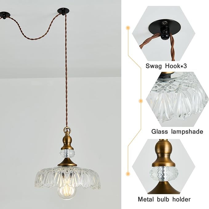 CVKASH Plug in Glass Pendant Light Fixture Brass Vintage Adjustable Chandelier Brushed Gold Hanging Ceiling Light for Farmhouse Hallway Bedroom Foyer Kitcken Dining Room Island
