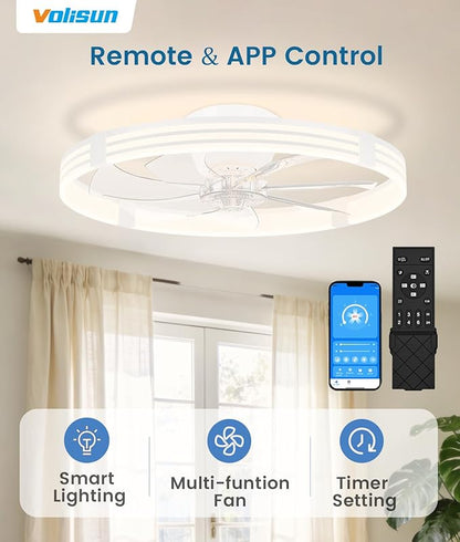 VOLISUN Low Profile Ceiling Fans with Lights and Remote, 24in Flush Mount Ceiling Fan with Light, 3000K-6500K Dimmable Fandelier LED Fan Light, White Bladeless Ceiling Fans with Lights for Bedroom