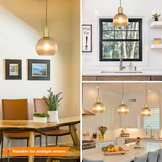 Gold Pendant Light Set Of 2, Modern Pendant Lights Kitchen Island With Amber Striped Glass, Mid Bathroom Pendant Light Adjustable Hanging Light For Dining Room Hallway, 7.8in Shade 11.8-59in Cord
