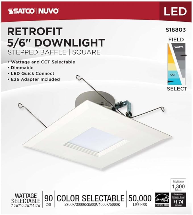 Satco LED Retrofit Downlight with Stepped Baffle, CCT and Wattage Selectable, 5-6 Inch Square, White