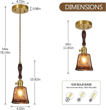 Amber Glass Vintage Pendant Light Height Adjustable Handmade Glass Pendant Lights Kitchen Island Gold Hanging Light Fixture with Wood Handle for Bedroom Dining Room Hotel (1 Pack)