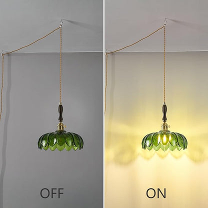Modern Green Plug in Glass Pendant Light Retro Flower Glass Hanging Lamp Gold Brass Decorative Adjustable Ceiling Hanging Light Suitable for Kitchen Island Bedroom Dining Room Living Room