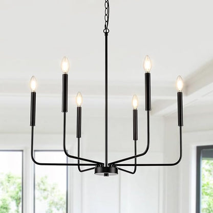 Black Chandelier, Modern Farmhouse Dining Room Light Fixture 6-Light Chandelier with Chain, Metal Hanging Lighting Fixtures Candle Dining Lights for Kitchen, Living Room, Bedroom, Foyer