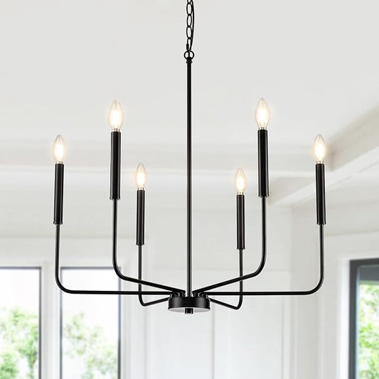 Black Chandelier, Modern Farmhouse Dining Room Light Fixture 6-Light Chandelier with Chain, Metal Hanging Lighting Fixtures Candle Dining Lights for Kitchen, Living Room, Bedroom, Foyer