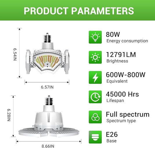 RDJ Bouns Grow Light Bulbs for Indoor Plants, 80W Large Full Spectrum 12791LM High PPFD, E26 Base Foldable Fast-Heat-Cnducting Aluminum Panel for Outdoor Greenhouse Waterproof Plant Light