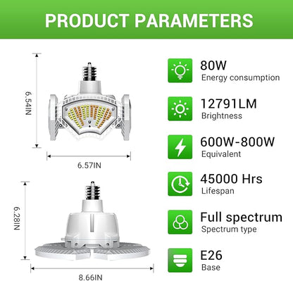 RDJ Bouns 80W Hanging Grow Light for Indoor Plants, High PPFD Full Spectrum Pendant Plant Light with Adjustable Pulley & 4 Foldable Panels, Built-in 4/8/12H Auto Cycle Timer,16.4ft Power Cord, Plug-in