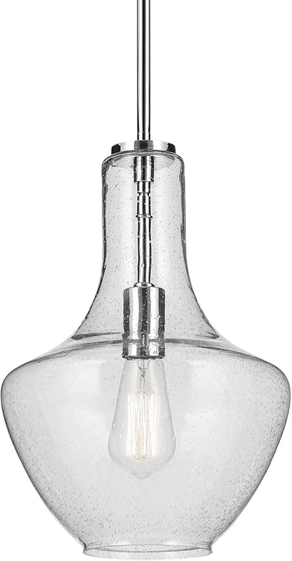 Everly 15.25" 1-Light Bell Pendant with Clear Seeded Glass in Chrome, for a Kitchen Island, Dining Nook, or Home Bar, (15.25" x 10.5") 42141CHCS