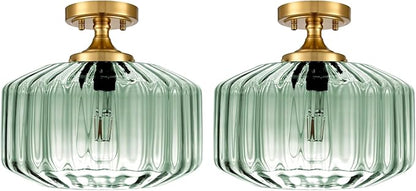 Vintage Thickened Glass Flush Mount Ceiling Light - 2 Pack Mint Green Semi Flush Mount Light Fixture Gold Chandelier Closet Light for Cottage Porch Corridor Bedroom