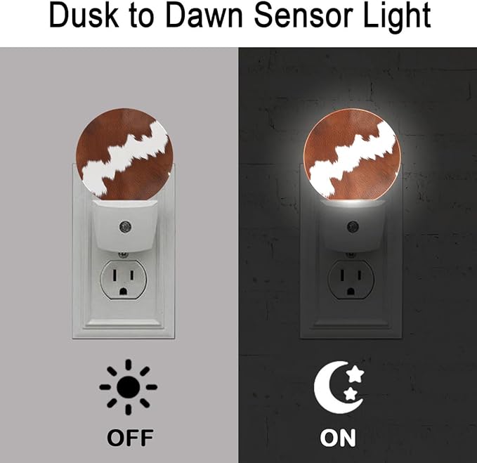Brown Cowhide Leopard Night Light Plug Into Wall Auto Led Sleep Round Lamp for Living Room Hallway Stairs