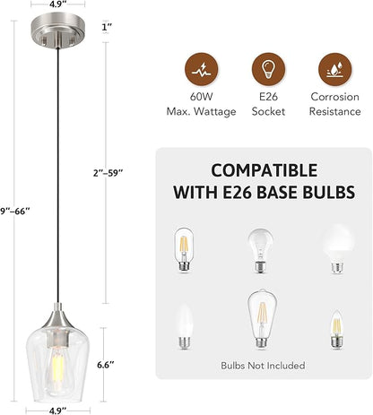 VONLUCE Pendant Lights Kitchen Island, Brushed Nickel Pendant Light Fixtures with E26 Base & Adjustable Cable, Modern Pendant Lighting with Glass Shade for Living Room Bedroom Hallway, 3 Packs