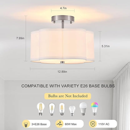 Modern Drum Semi Flush Mount Ceiling Light Fixture Modern 3-Lights Linen Drum Ceiling Lighting with Chrome Finish, Vintage Modern Ceiling Light for Laundry Room, Kitchen, Basement, Bedroom