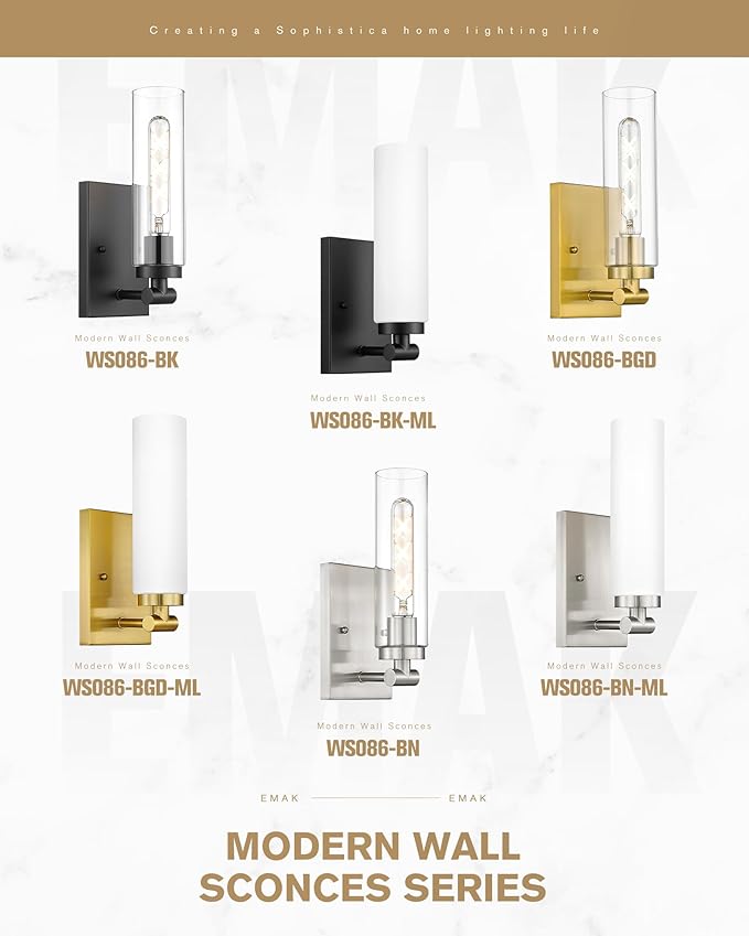 Emak Wall Sconces Set of Two, Modern Brushed Gold Sconce with Clear Glass Shade, Bathroom Lighting Fixtures for Mirror, Living Room, Bedroom, Gallery, WS086-BGD-CG-2PK