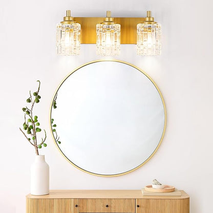 Bathroom Light Fixtures, 3-Light Brushed Gold Vanity Light Over Mirror with Crystal Glass Shades, Bathroom Wall Lights for Mirror Kitchen Bedroom Hallway Living Room