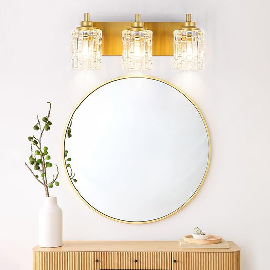Bathroom Light Fixtures, 3-Light Brushed Gold Vanity Light Over Mirror with Crystal Glass Shades, Bathroom Wall Lights for Mirror Kitchen Bedroom Hallway Living Room