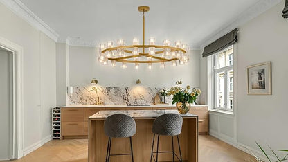36 Inch Gold Crystal Wagon Wheel Chandelier, Modern Farmhouse Round 36-Lights Pendant Lighting Fixture, for High Ceilings Living Room, Bedroom, Foyer