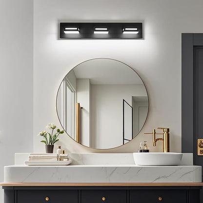 LED Modern Bathroom Light Fixtures, 3-Light 24-Inch Matte Black Vanity Lights for Bathroom Lighting Fixtures Over Mirror, 6000K Cool White 350° Rotatable Wall Lamp