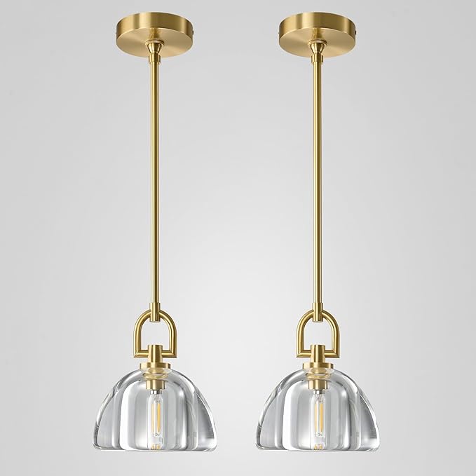 2 PCS of K9 Crystal Pendant Light with Brass Rod,7" Dimmable Contemporary Hemispher Light Above Dining Table,Modern Ceiling Hanging Lighting for Bedroom E12 Bulbs Included