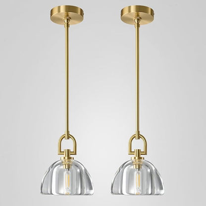 2 PCS of K9 Crystal Pendant Light with Brass Rod,7" Dimmable Contemporary Hemispher Light Above Dining Table,Modern Ceiling Hanging Lighting for Bedroom E12 Bulbs Included