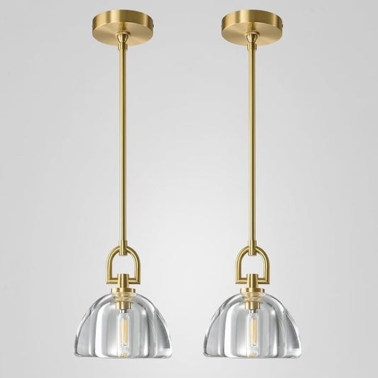 2 PCS of K9 Crystal Pendant Light with Brass Rod,7" Dimmable Contemporary Hemispher Light Above Dining Table,Modern Ceiling Hanging Lighting for Bedroom E12 Bulbs Included