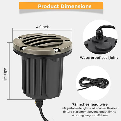 Gardencoin Brass Low Voltage Landscape Well Lights (5" Cover, 5.5" Tall), 12V LED Wired In-Ground Outdoor Up Lighting Fixture Waterproof, Adjustable Beam Direction Base, Without MR16 Bulb (4 Pack)