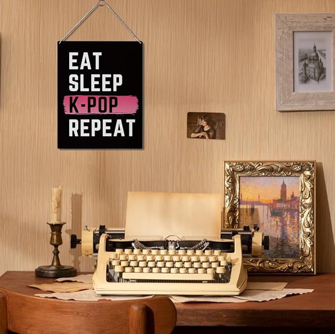 K-Pop Decor, Eat Sleep K-Pop Repeat Room Decor Wood Sign, Girls K-Pop Gifts Rustic Anime Lovers Wooden Hanging Plaque for Home Living Room Girl Bedroom Wall Art Decoration