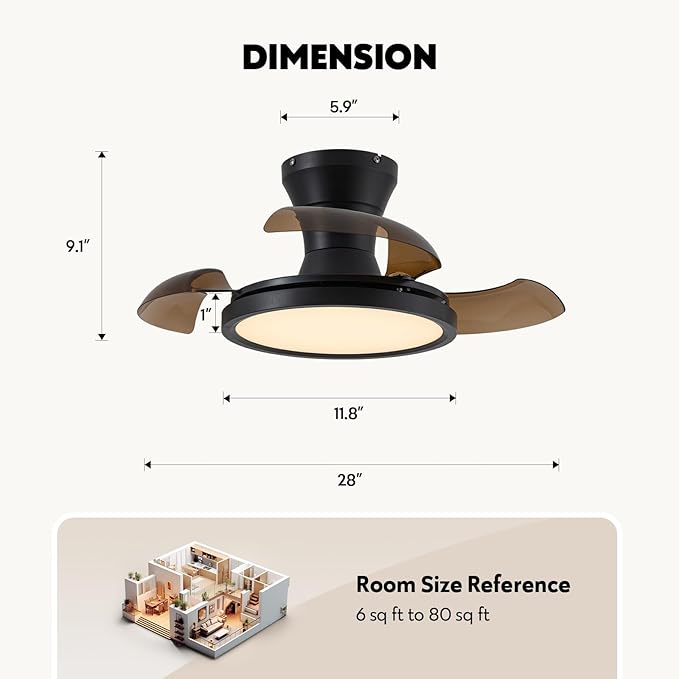 28 Inch Retractable Ceiling Fan with Light Remote Dimmable 6 Speed Reversible Small Light Ceiling Fixtures Modern Bladeless Silent Smart Fan for Bedroom Living Room Kitchen