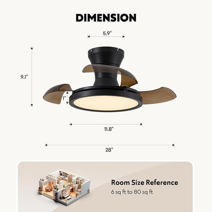 28 Inch Retractable Ceiling Fan with Light Remote Dimmable 6 Speed Reversible Small Light Ceiling Fixtures Modern Bladeless Silent Smart Fan for Bedroom Living Room Kitchen