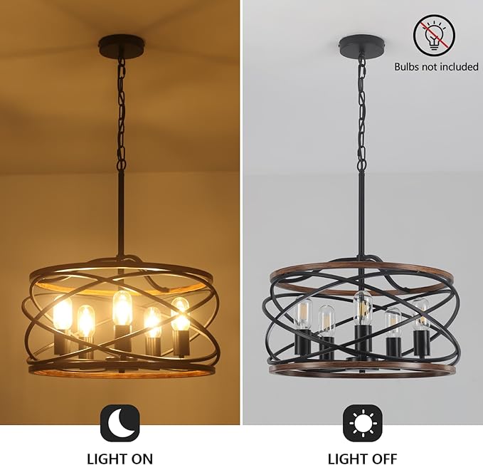 19.7'' Farmhouse Industrial Chandelier for Dining Room, 5-Light Rustic Black and Brown Metal Wood Texture Drum Chandeliers Hanging Light Fixture for Entryway Kitchen Foyer Bedroom Living Room