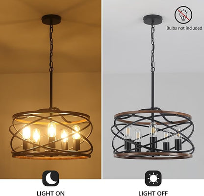 19.7'' Farmhouse Industrial Chandelier for Dining Room, 5-Light Rustic Black and Brown Metal Wood Texture Drum Chandeliers Hanging Light Fixture for Entryway Kitchen Foyer Bedroom Living Room