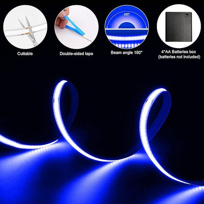 Battery Powered COB Led Strip Lights, 4.92Ft Battery Operated Blue LED Strip Light, High Brightness Flexible LED Tape Lights for Room, Cabinet, Bedroom, Kitchen, Party, Home DIY Decoration