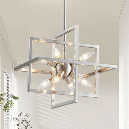XINGQI 15“ Modern Chandelier 8-Light Brushed Nickel Geometric Pendant Lighting Farmhouse Ceiling Light Fixtures for Dining Room Living Room Kitchen Island Bedroom Hallway
