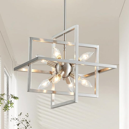 XINGQI 15“ Modern Chandelier 8-Light Brushed Nickel Geometric Pendant Lighting Farmhouse Ceiling Light Fixtures for Dining Room Living Room Kitchen Island Bedroom Hallway