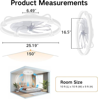 OUTON 24" Ceiling Fan with Light, Remote & App Control, Fandelier Low Profile Flush Mount Ceiling Fan with 3000K-6500K Stepless Dimmable, 6 Speed, Quiet DC Motor, Modern Ceiling Fans for Bedroom White