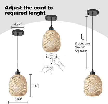 Hanging Light Fixture Set of 2, Mid Century Bohemian Rattan Bamboo Pendant Lighting,Torus Basket Woven Ceiling Chandelier for Kitchen Island Dinning Room Living Room Bedroom Nightstand