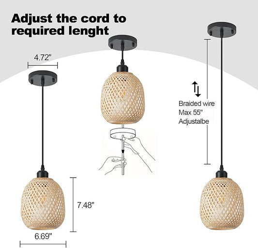 Hanging Light Fixture Set of 2, Mid Century Bohemian Rattan Bamboo Pendant Lighting,Torus Basket Woven Ceiling Chandelier for Kitchen Island Dinning Room Living Room Bedroom Nightstand