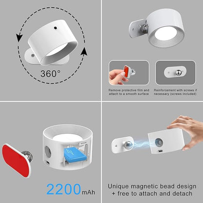 Deyagoo 2PACK Romote LED Wall Sconce - Rechargeable Wall Light, 3 Colors & 3 Brightness Levels, 360? Magnetic Rotating Head, Bedside Reading Lamp, Easy Install Battery Operated Lamp White