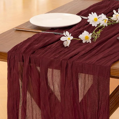 Socomi 6pcs Burgundy Red Summer Cheesecloth Table Runner Boho Rustic Gauze 120 inch 10FT Cheese Cloth Sheer Runner for Wedding Party Baby Shower Birthday Home Decor Holiday Decorations