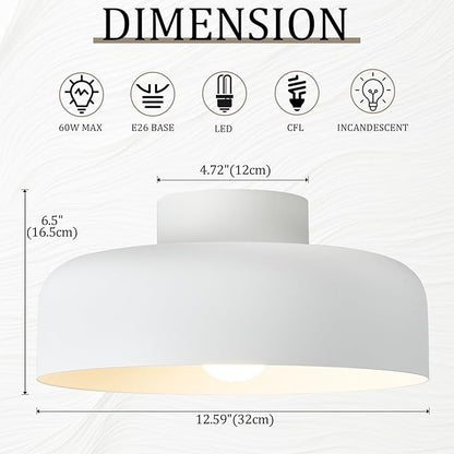 Modern Semi Flush Mount Ceiling Light with Natural Hickory Wood, 12.6" Matte White Light Fixture for Entryway, Hallway, Kitchen, E26 Base